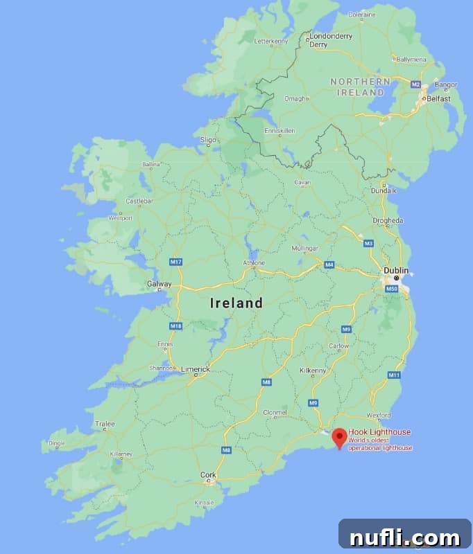 A map highlighting the precise location of Hook Lighthouse on the Hook Head Peninsula in County Wexford, Ireland.