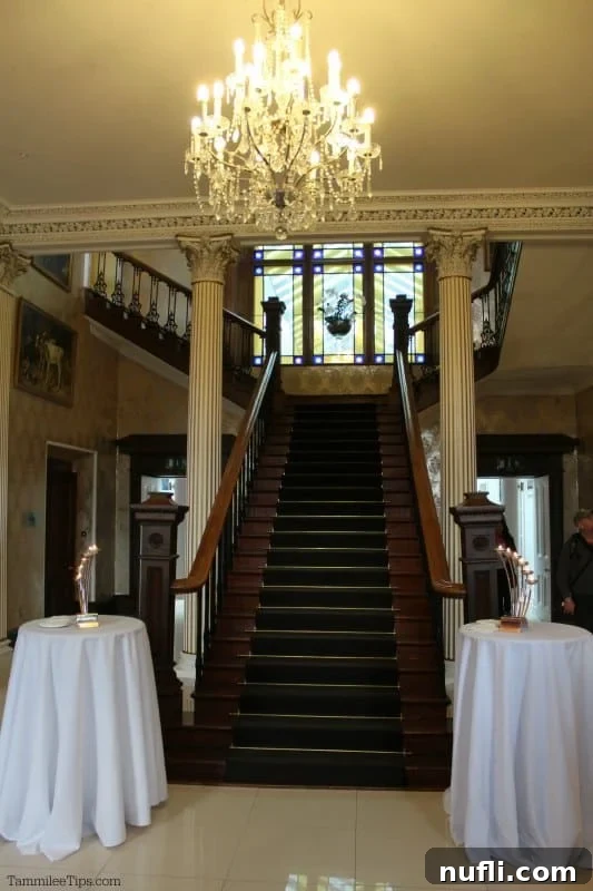 Grand entrance with a tall, sweeping staircase and an opulent crystal chandelier overhead.