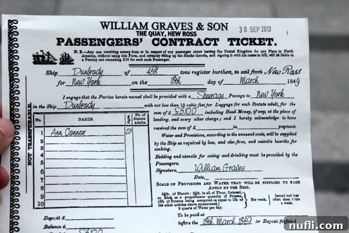 Dunbrody Famine Ship Experience Ireland 3 Passenger Contract Ticket from the 1800s displayed at the Dunbrody Famine Ship