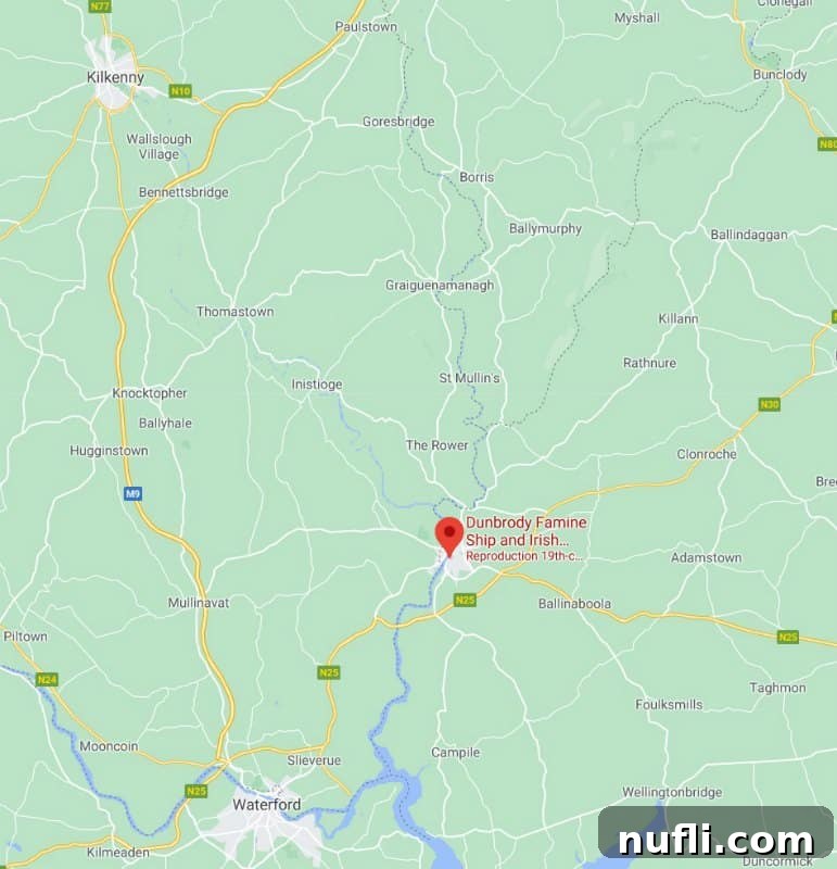 Dunbrody Famine Ship Experience Ireland 8 Dunbrody Famine ship location marked on a map outside of Waterford, Ireland