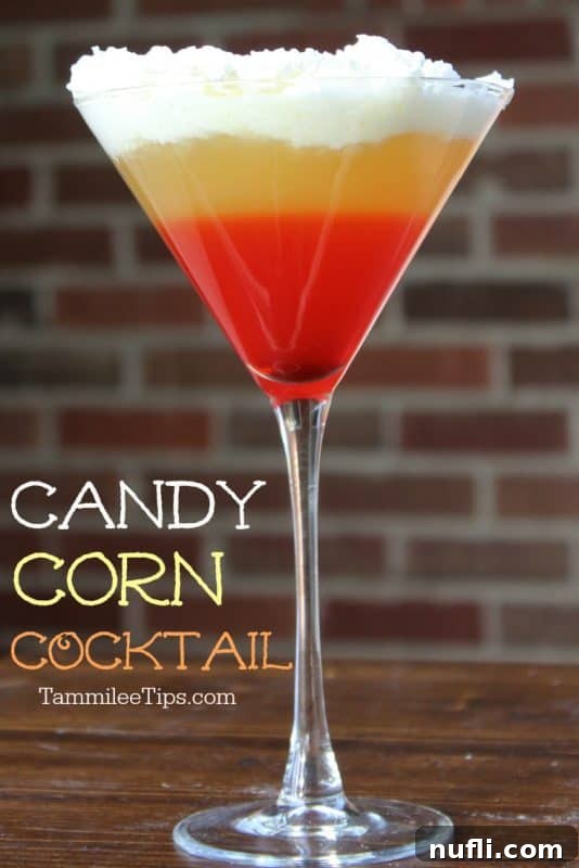 Candy Corn Cocktail next to a martini glass with layered candy corn cocktail