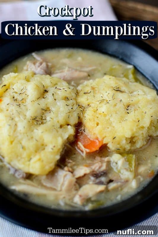 Crockpot chicken and dumplings over a dark bowl with fluffy dumplings on top of tender chicken