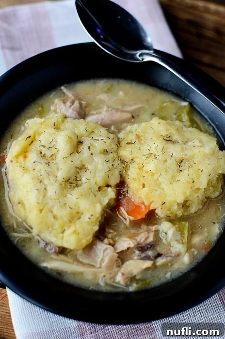 A dark bowl of crockpot chicken and dumplings, close-up with a spoon