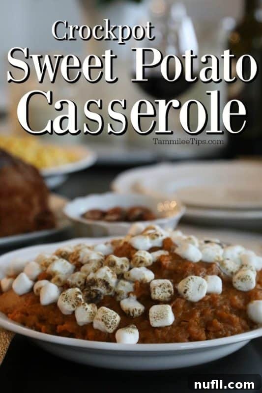 Delicious Crockpot Sweet Potato Casserole topped with golden toasted marshmallows