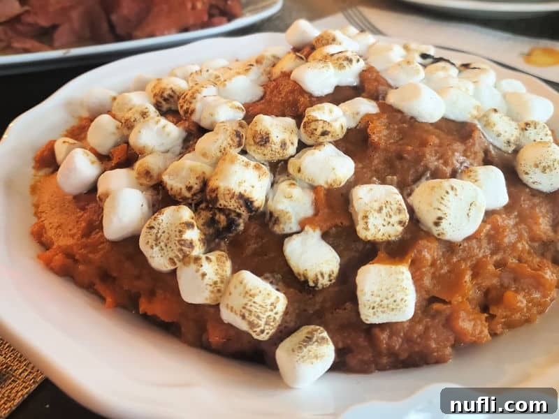 Close-up of Crockpot Sweet Potato Casserole with perfectly toasted mini marshmallows in a white bowl