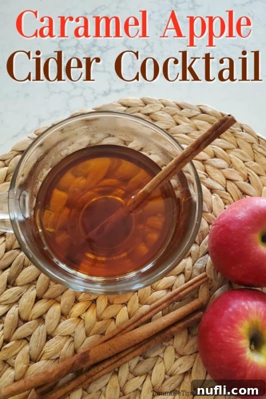 Indulgent Hot Caramel Apple Cider Cocktail 2 Caramel Apple Cider Cocktail in a glass mug with a stick of cinnamon next to a couple of red apples