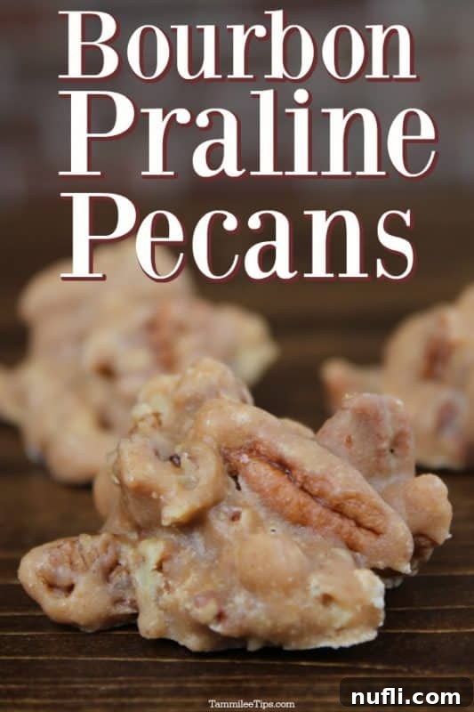 Bourbon Praline Pecans text over a dark board with pralines on it, inviting a delightful culinary experience.