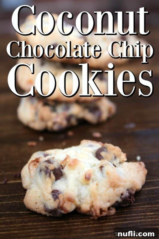 Irresistible Coconut Chocolate Chip Cookies on a rustic wooden board, ready to be enjoyed