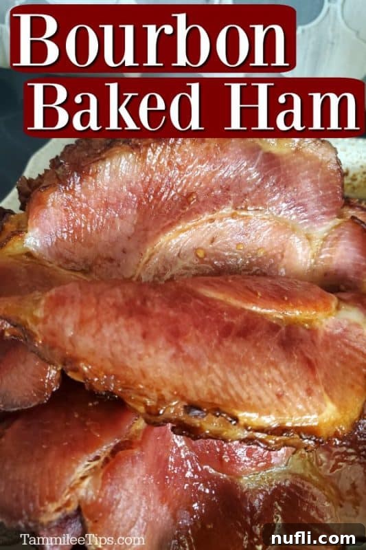 Bourbon Baked Ham above a sliced ham on a platter, ready to be served