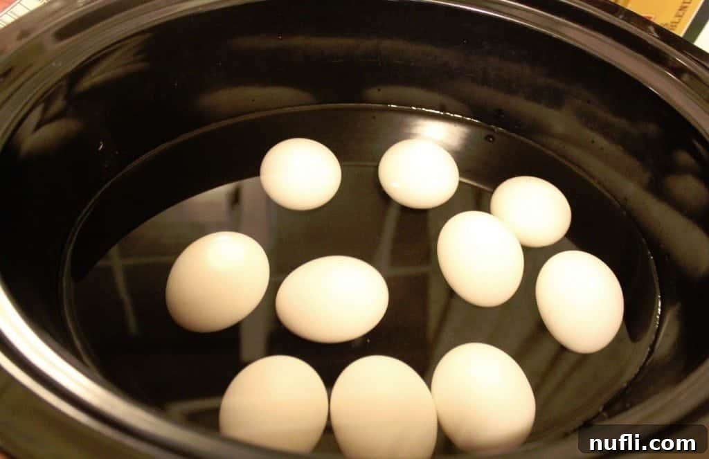 Effortless Hard-Boiled Eggs in Your Slow Cooker 3 Eggs submerged in water inside a Crock Pot, ready for slow cooking.