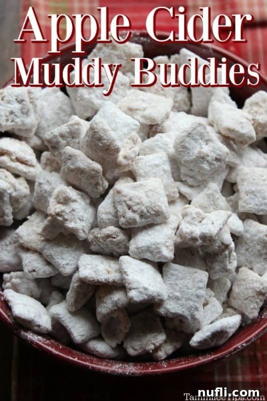 A vibrant red bowl overflowing with delicious Apple Cider Muddy Buddies, showcasing their powdery, sweet coating.