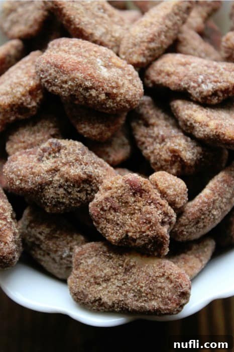 Effortless Crockpot Candied Pecans 3 Close-up of the cinnamon sugar crockpot candied pecans in a white bowl with a rich brown background, emphasizing their delectable texture.