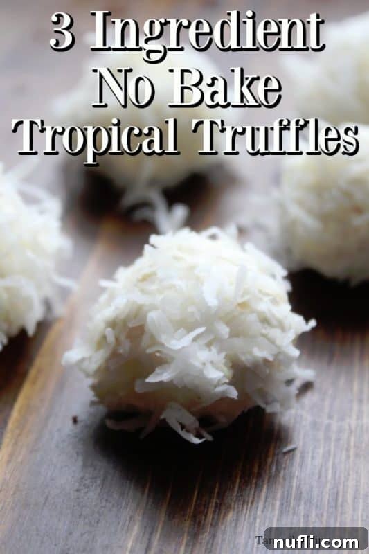 Delicious Tropical No-Bake Truffles on a rustic wooden cutting board, garnished with fresh coconut flakes.