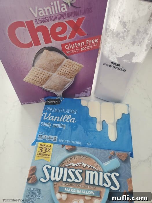 Decadent Hot Chocolate Puppy Chow 3 Ingredients laid out for Hot Chocolate Muddy Buddies: Chex cereal, powdered sugar, hot chocolate mix packages, and vanilla candy coating.