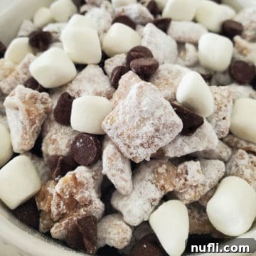 Decadent Hot Chocolate Puppy Chow 5 Hot chocolate muddy buddies piled in a white bowl with mini marshmallows and chocolate chips