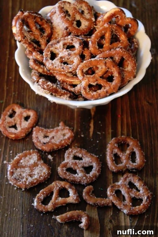 Quick and Easy Cinnamon Sugar Pretzels 2 Cinnamon Sugar pretzels in a white bowl