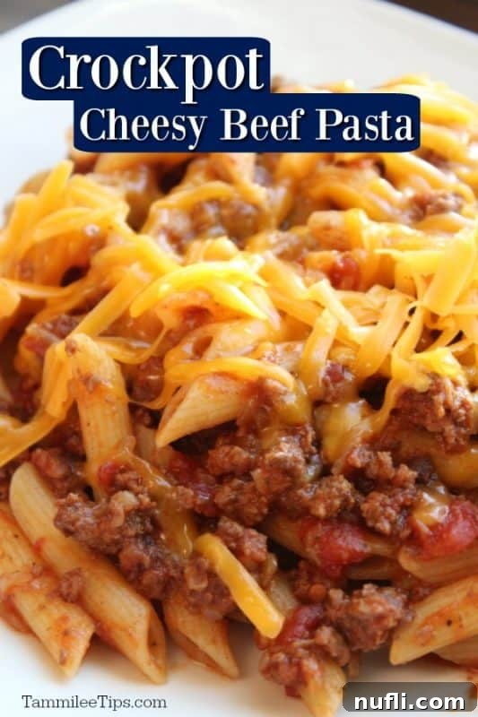 Crockpot cheesy pasta beef over a white bowl filled with cheesy pasta, showing melted cheese and pasta