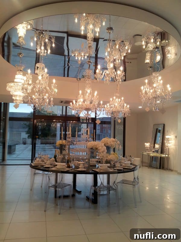 Waterford's Crystal Heart An Irish Treasure 5 Table set with Waterford Crystal below multiple Waterford Crystal chandeliers, creating an atmosphere of luxury