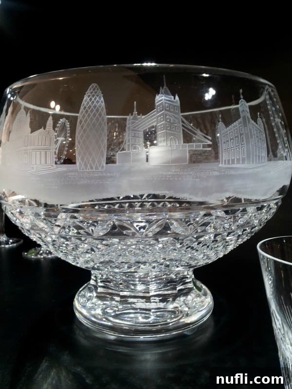 Waterford's Crystal Heart An Irish Treasure 7 Waterford crystal bowl with buildings etched onto it, showing intricate detail