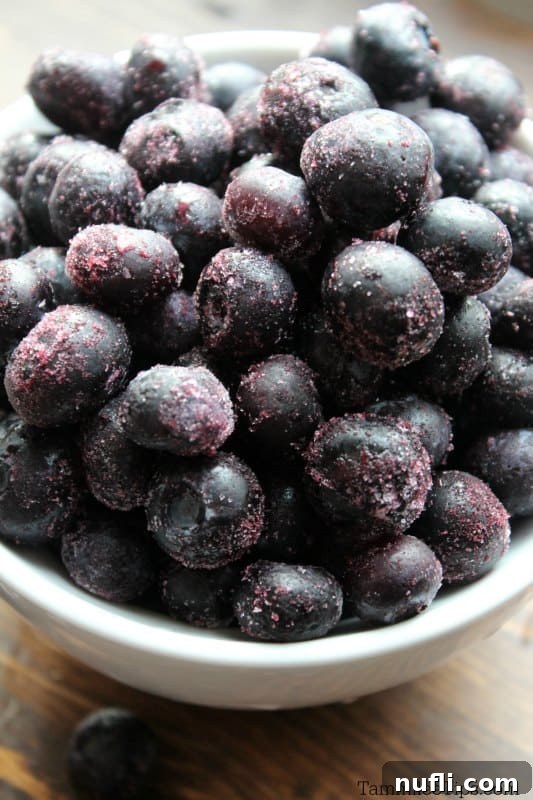 White bowl filled with frozen blueberries