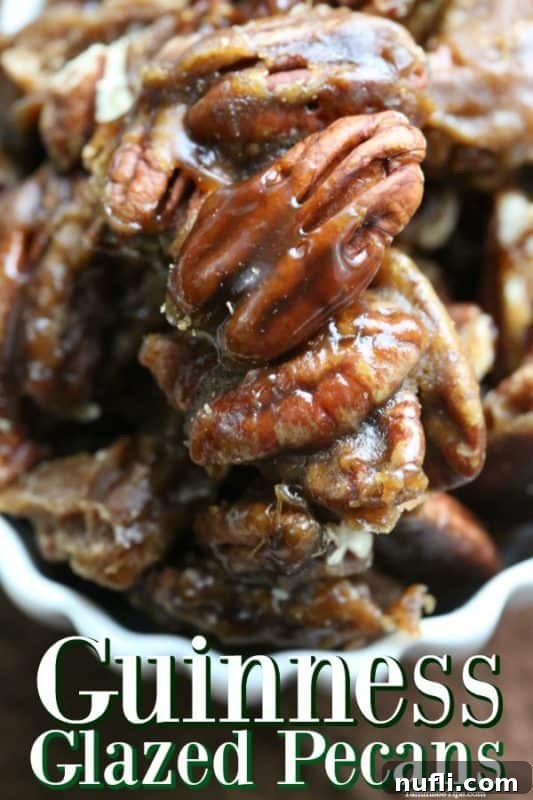 Guinness Glazed Pecans under a bowl filled with pecans