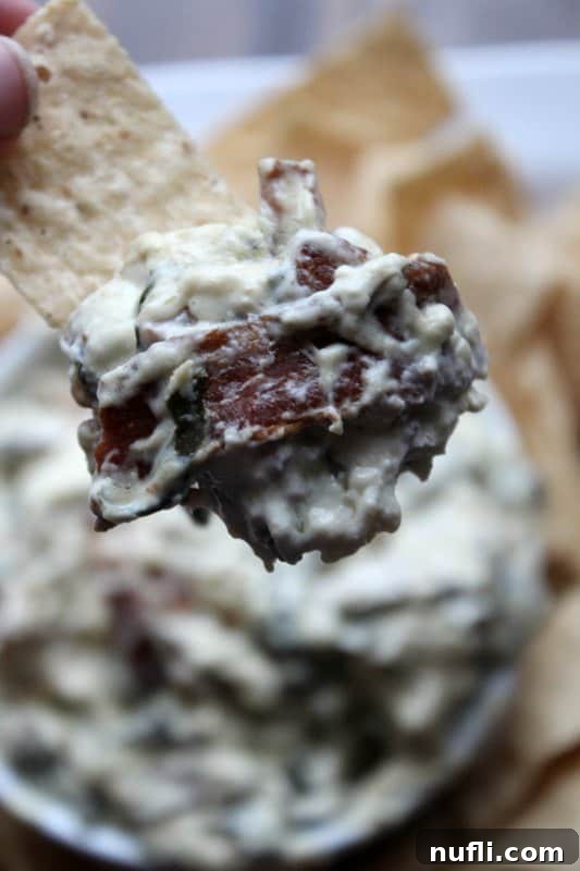 Close-up of creamy bacon blue cheese dip perfectly scooped onto a crispy tortilla chip, highlighting its rich texture and savory appeal.