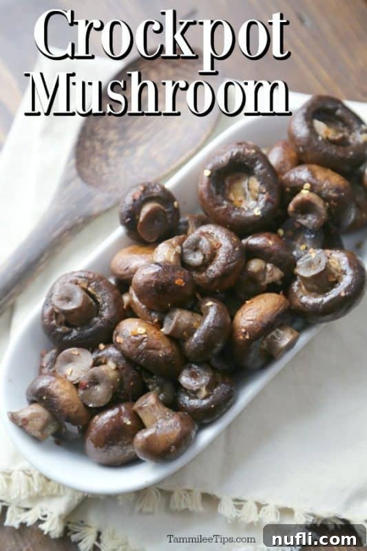 Easy Slow Cooker Mushrooms 2 Crockpot Mushroom text written over a bowl of mushrooms with seasoning on a white napkin with a wooden spoon.