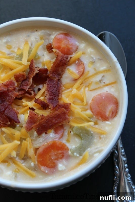 Hearty Crockpot Beer Cheese Soup 6 Beer cheese soup with bacon garnish in a white bowl with a spoon next to it