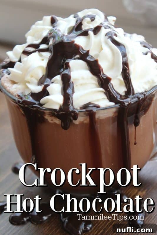 Cozy Slow Cooker Hot Chocolate 2 Crockpot Hot Chocolate under a glass mug overflowing with whipped cream and chocolate syrup