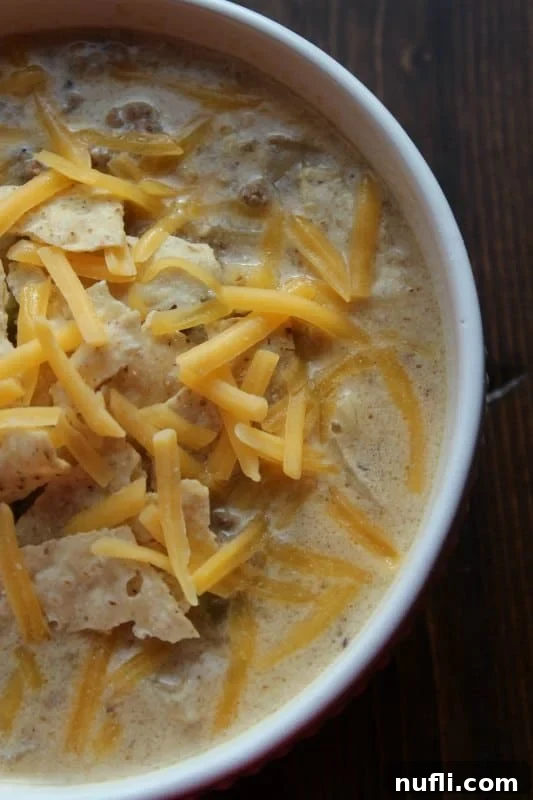 A white bowl filled with creamy Crock Pot Cheeseburger Soup, garnished with crispy tortilla chips and a sprinkle of shredded cheese, ready to be enjoyed.