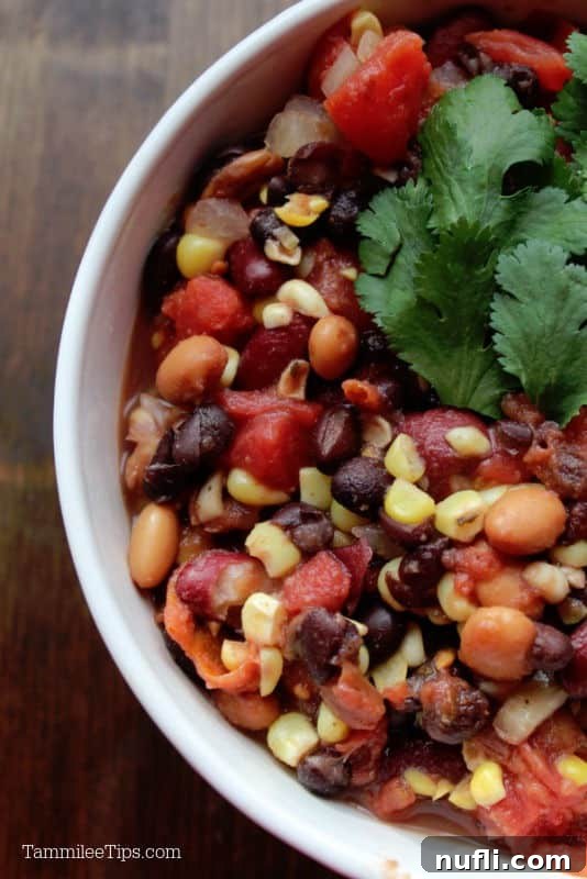 Overhead view of slow cooker three bean chili in a white bowl, garnished with fresh cilantro.