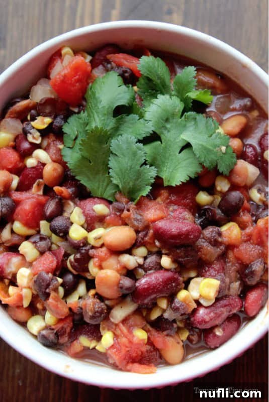 A serving of Crock Pot Vegetarian Three Bean Chili, ready to be enjoyed, in a clean white bowl.