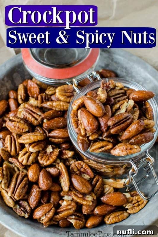 Slow Cooker Sweet and Spicy Nuts 2 crockpot sweet and spicy nuts on a silver plate with a glass dish in the middle filled with nuts