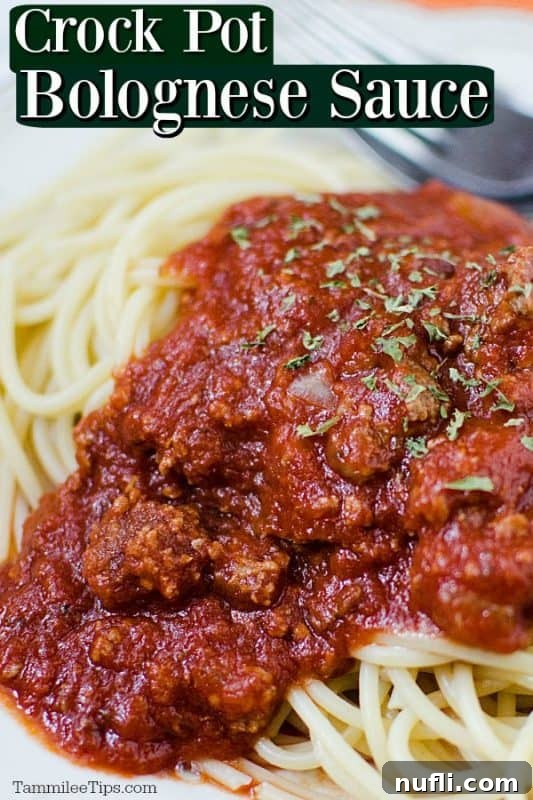 crockpot bolognese sauce over sauce on spaghetti