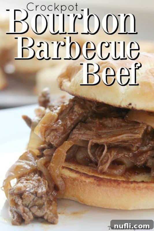 Bourbon Barbecue Pulled Beef Sandwiches 2 Crock Pot Bourbon Barbecue Beef over a sandwich with beef and onions