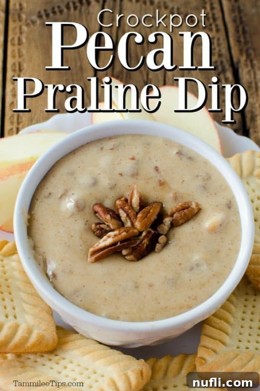 A white bowl brimming with warm, golden Crockpot Pecan Praline Dip, garnished with chopped pecans, surrounded by an assortment of cookies ready for dipping.
