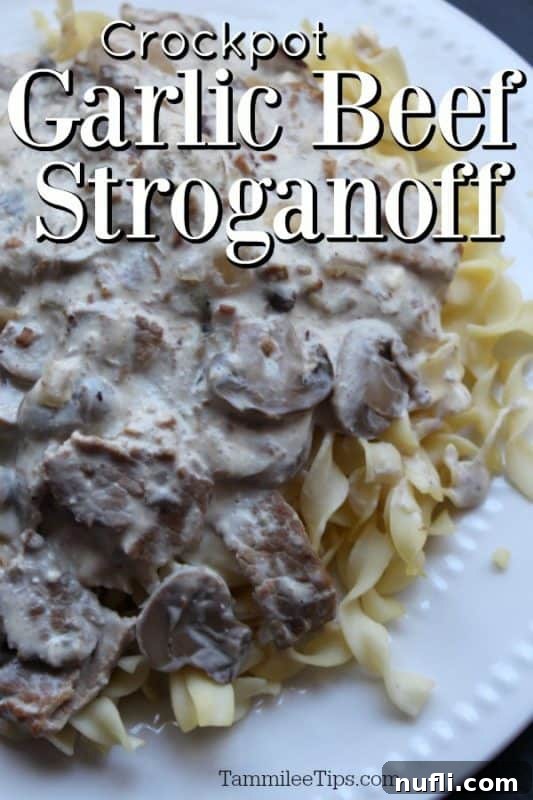 Crockpot Garlic Beef Stroganoff over a white plate filled with stroganoff and egg noodles