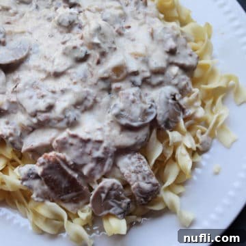 crockpot garlic beef stroganoff on a white plate with egg noodles