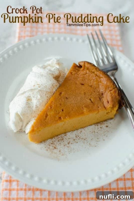 Delightful Crockpot Pumpkin Pie Pudding Cake, a slice on a white plate, ready to be enjoyed.
