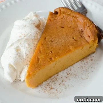 Pumpkin Pie Pudding Cake on a white plate with a garnish of whipped cream
