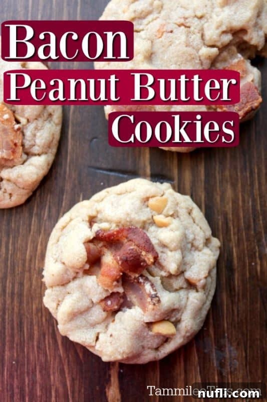 Irresistible Peanut Butter Bacon Cookies artfully arranged on a rustic wooden board, with the inviting text 'Bacon Peanut Butter Cookies' displayed.