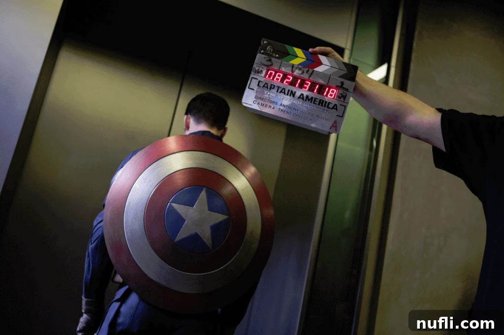 Captain America set with movie marker, behind the scenes
