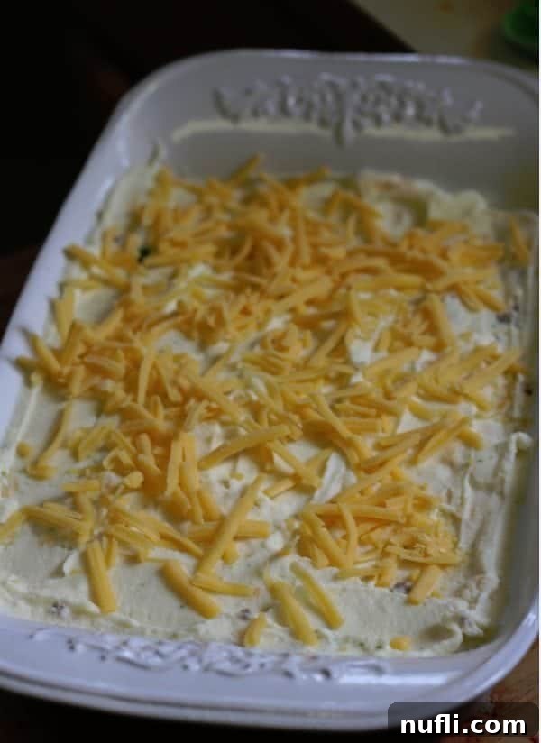 Additional shredded cheddar cheese sprinkled generously over the mashed potato topping in a baking dish before baking.