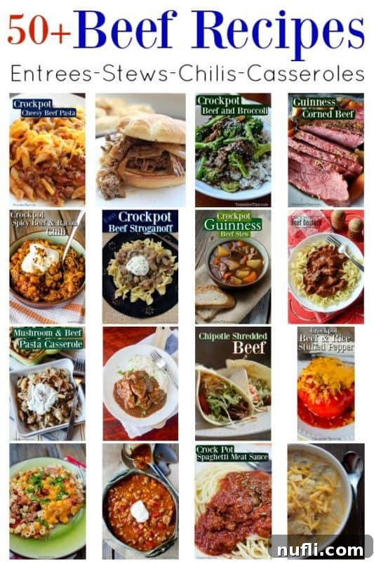 Beef Recipes with a collage of food photos showcasing various beef dishes.