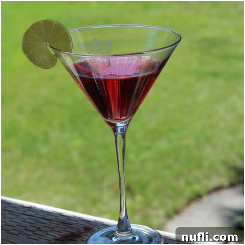 Sun-Kissed Sips: Over 35 Refreshing Summer Cocktails 13 Dark red martini in a martini glass with grass in the background