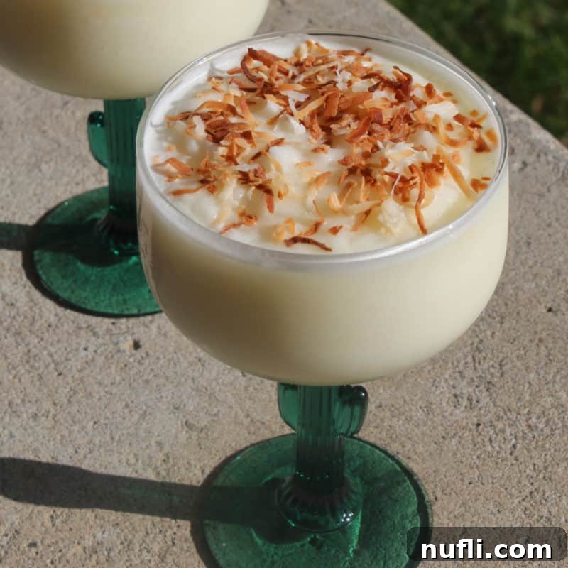 Sun-Kissed Sips: Over 35 Refreshing Summer Cocktails 26 Toasted Coconut topped frozen Cactus Colada in a cactus margarita glass