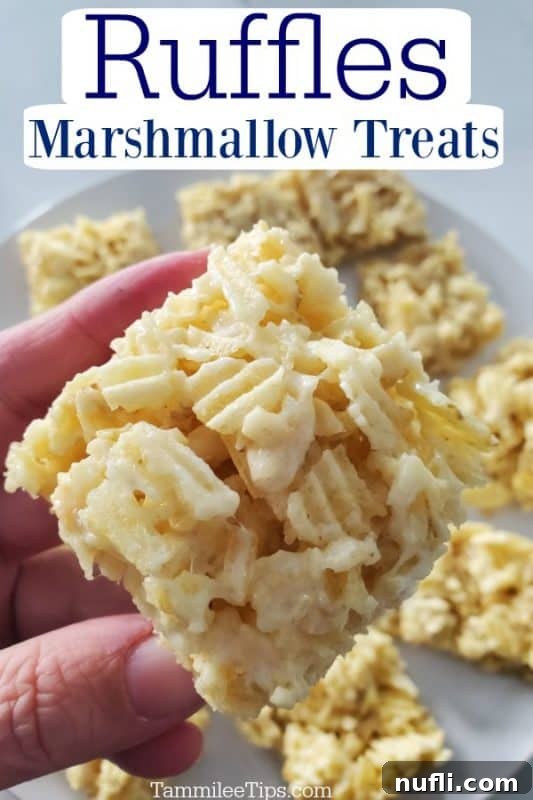 A hand holding a square Ruffles Marshmallow Treat, with the text 'Ruffles Marshmallow Treats' overlaid.