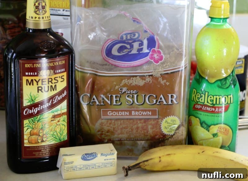 Banana Foster for One 3 Myers rum, brown sugar, butter, banana, and lemon juice on a counter