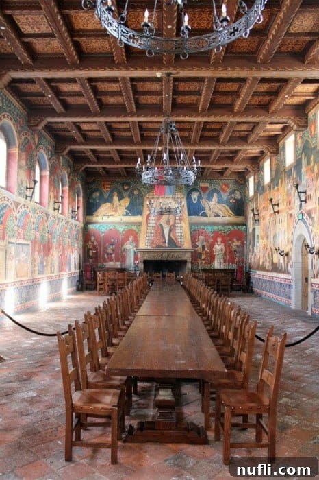Long wooden tables with a ton of chairs in an ornate room with chandeliers and paintings on the wall