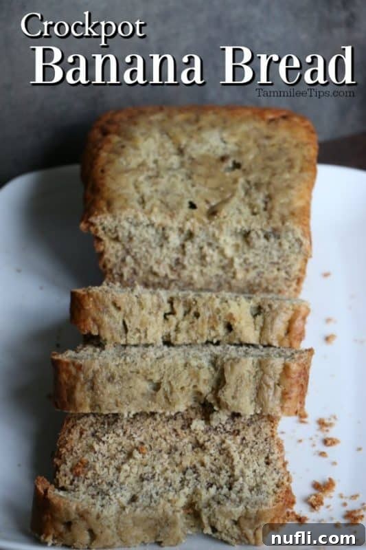 Slices of moist crockpot banana bread artfully arranged on a white plate, garnished with fresh banana slices and a sprig of mint.